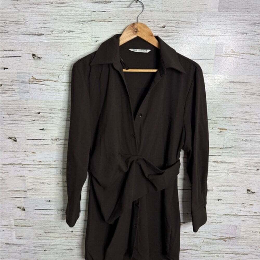 Zara Brown Cuffed Sleeve Dress collar long sleeve mini size large